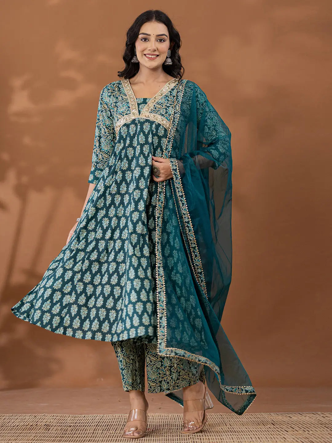 Yufta Cotton Green Anarkali Ethnic Motifs Kurta Dupatta Set