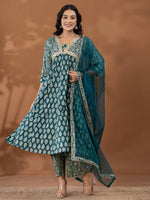 Thumbnail for Yufta Cotton Green Anarkali Ethnic Motifs Kurta Dupatta Set