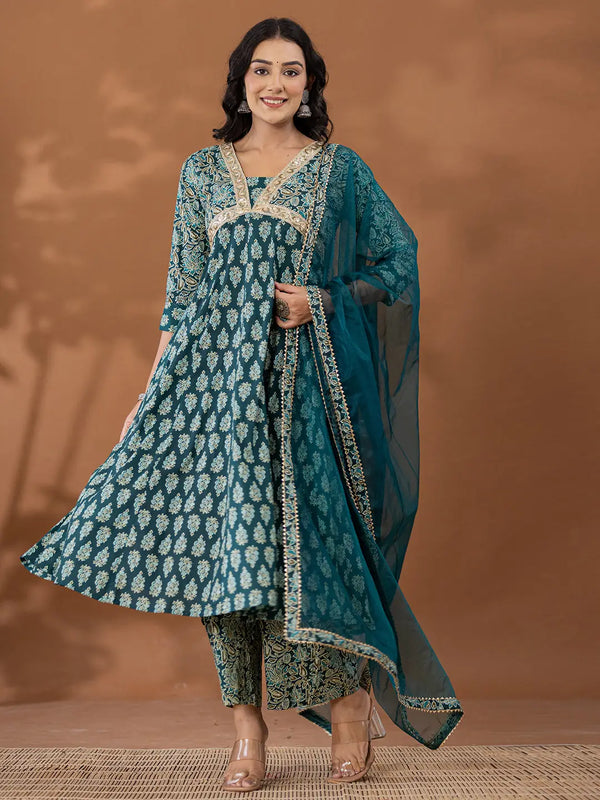Yufta Cotton Green Anarkali Ethnic Motifs Kurta Dupatta Set