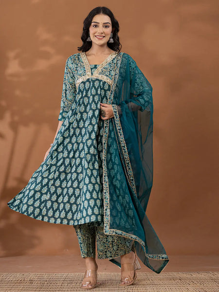Yufta Cotton Green Anarkali Ethnic Motifs Kurta Dupatta Set