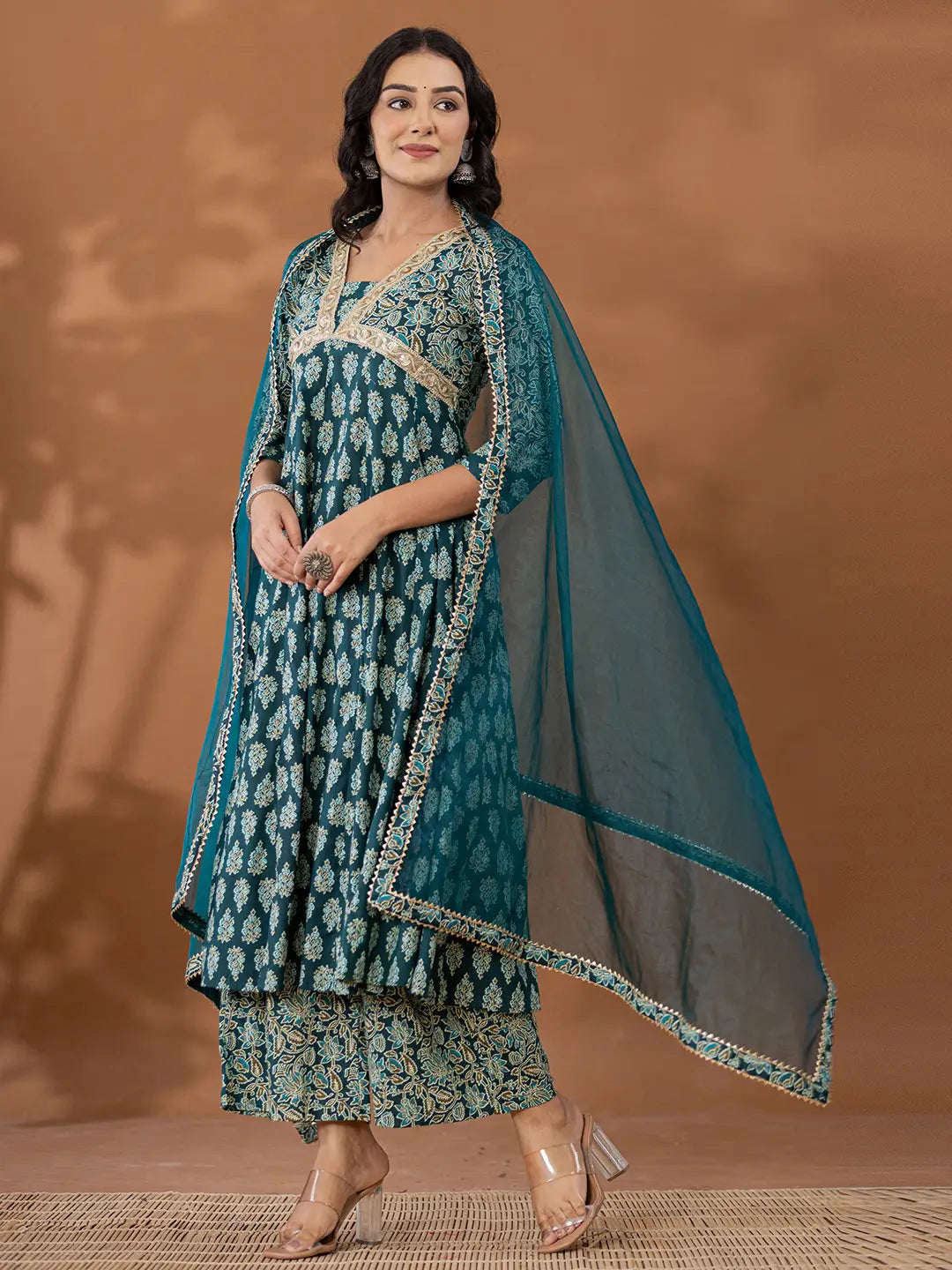 Yufta Cotton Green Anarkali Ethnic Motifs Kurta Dupatta Set - Distacart