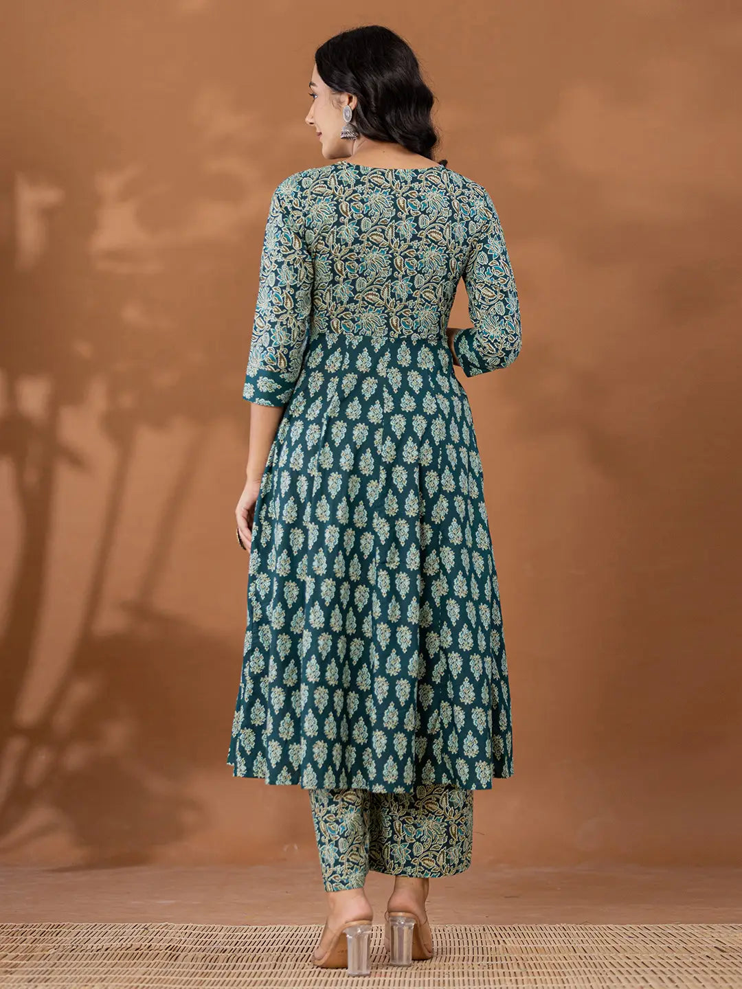 Yufta Cotton Green Anarkali Ethnic Motifs Kurta Dupatta Set