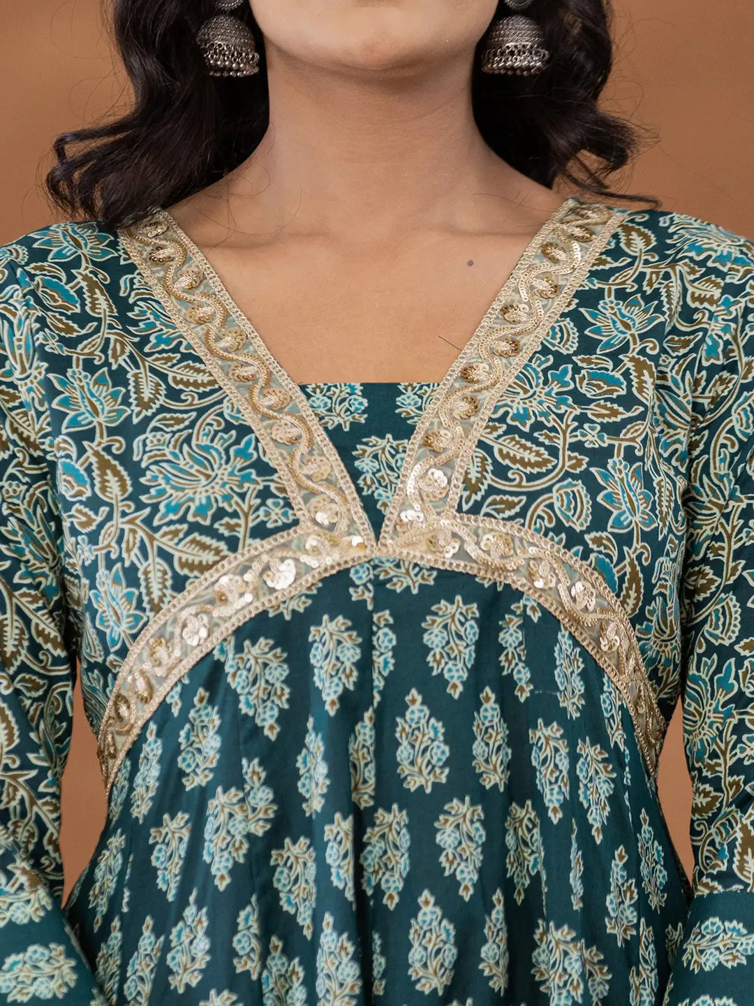 Yufta Cotton Green Anarkali Ethnic Motifs Kurta Dupatta Set