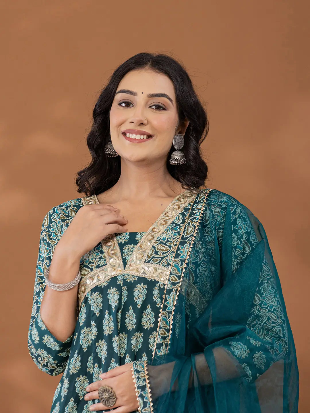 Yufta Cotton Green Anarkali Ethnic Motifs Kurta Dupatta Set