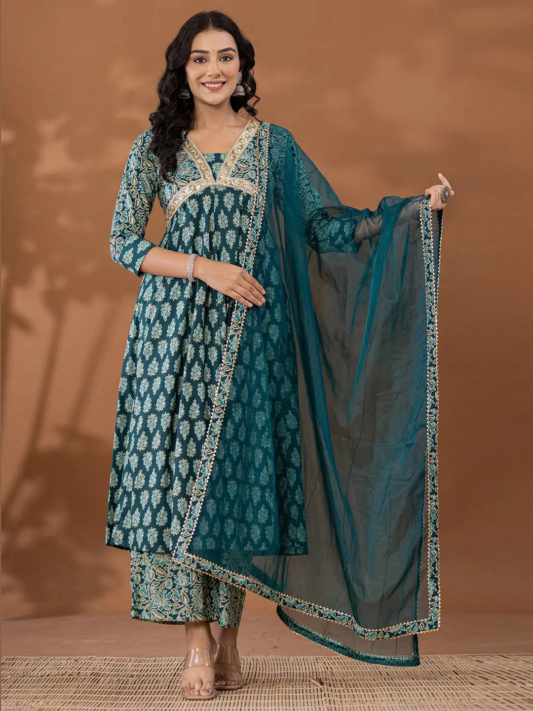 Yufta Cotton Green Anarkali Ethnic Motifs Kurta Dupatta Set