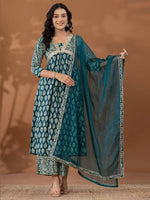 Thumbnail for Yufta Cotton Green Anarkali Ethnic Motifs Kurta Dupatta Set