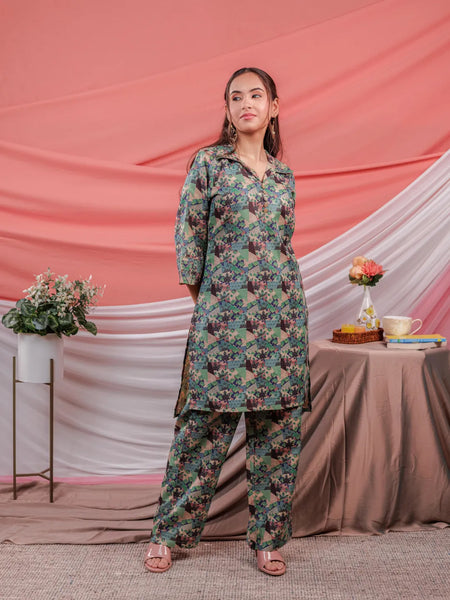 Yufta Cotton Green Digital Print Workwear Kurta Co Ord Set With Pintuck Detailing On Sleeves
