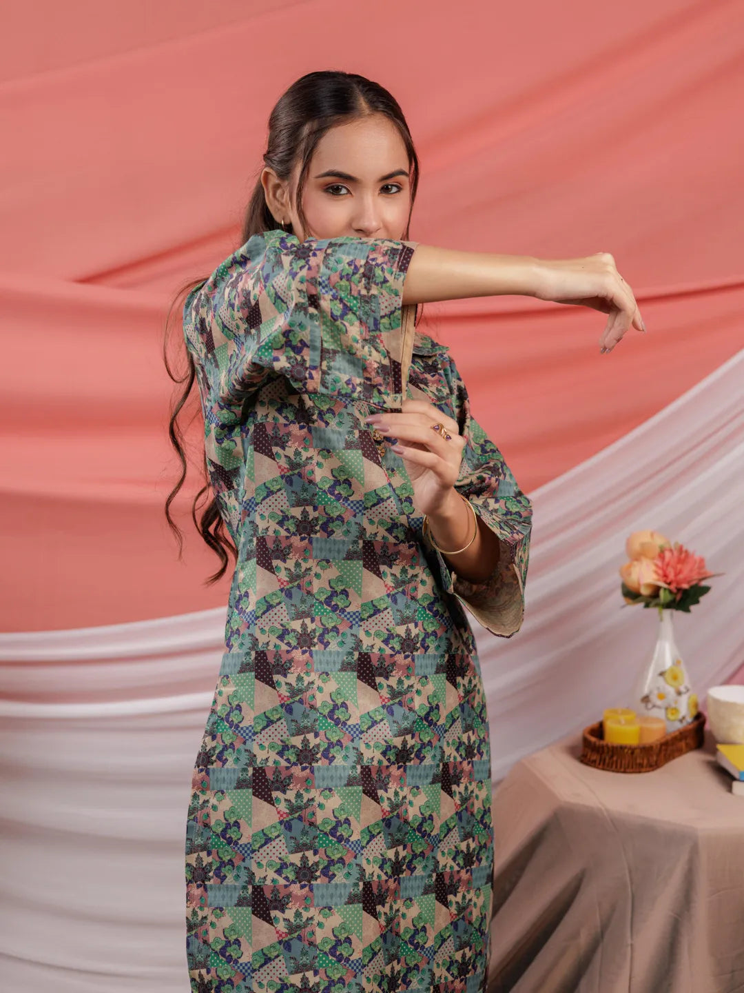 Yufta Cotton Green Digital Print Workwear Kurta Co Ord Set With Pintuck Detailing On Sleeves - Distacart