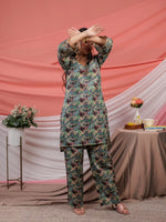Thumbnail for Yufta Cotton Green Digital Print Workwear Kurta Co Ord Set With Pintuck Detailing On Sleeves