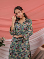 Thumbnail for Yufta Cotton Green Digital Print Workwear Kurta Co Ord Set With Pintuck Detailing On Sleeves