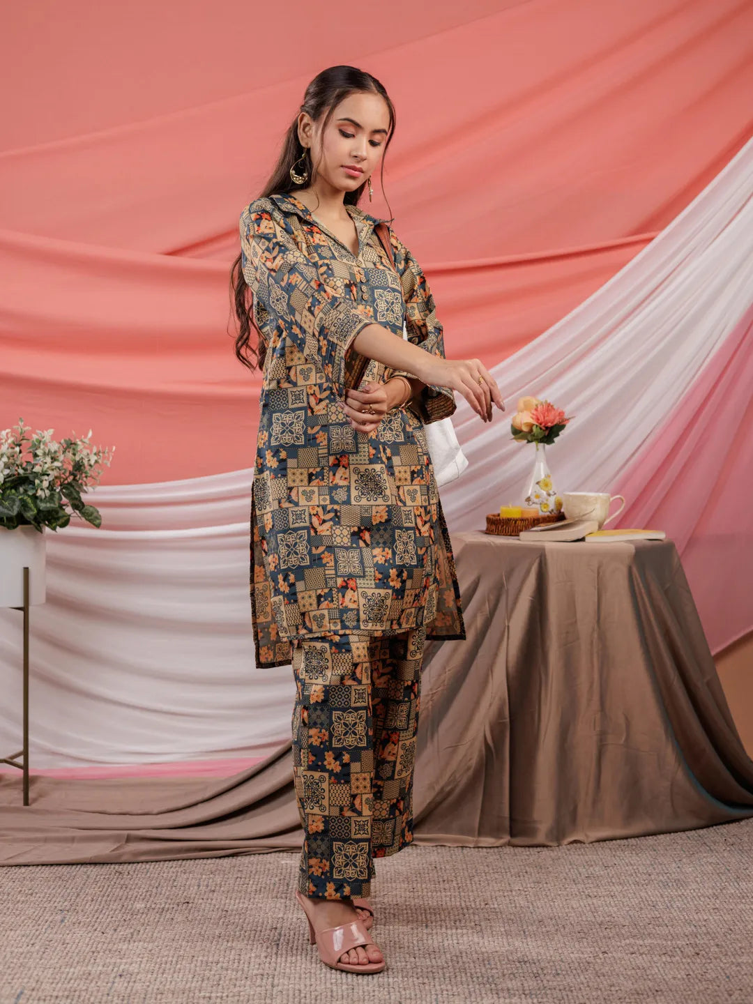 Yufta Cotton Green Digital Printed Workwear Co-Ord Set With Pintuck Detailing On Sleeves - Distacart