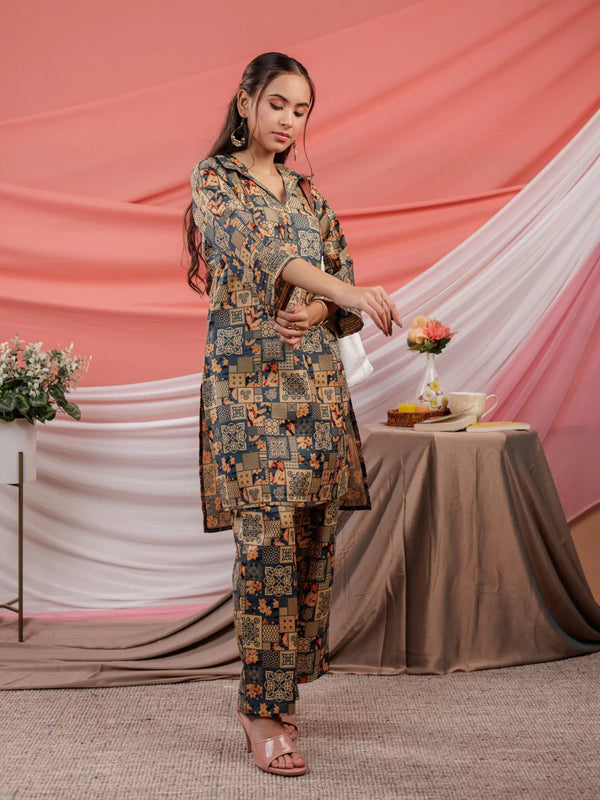 Yufta Cotton Green Digital Printed Workwear Co-Ord Set With Pintuck Detailing On Sleeves