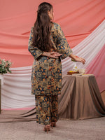 Thumbnail for Yufta Cotton Green Digital Printed Workwear Co-Ord Set With Pintuck Detailing On Sleeves