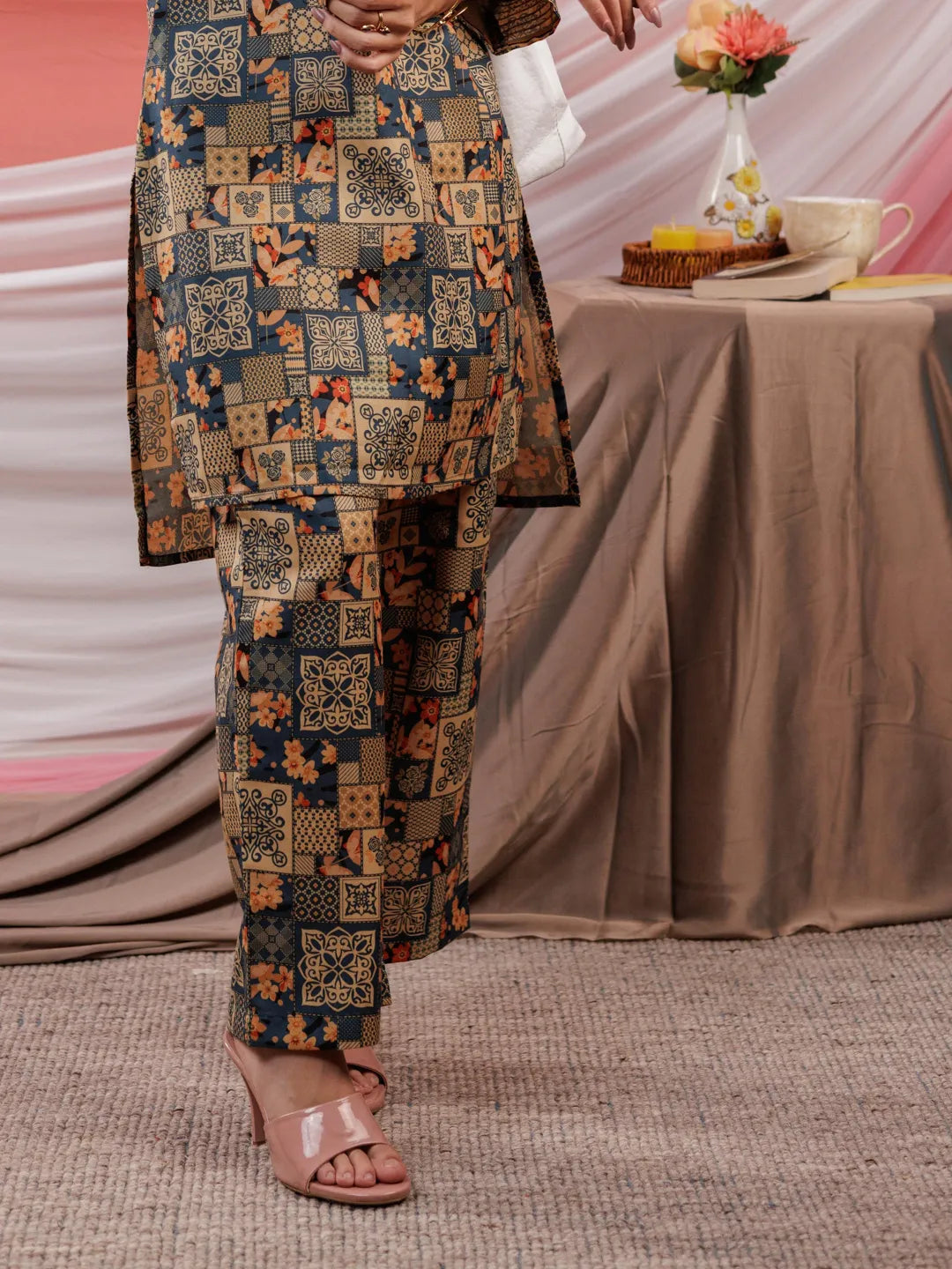 Yufta Cotton Green Digital Printed Workwear Co-Ord Set With Pintuck Detailing On Sleeves