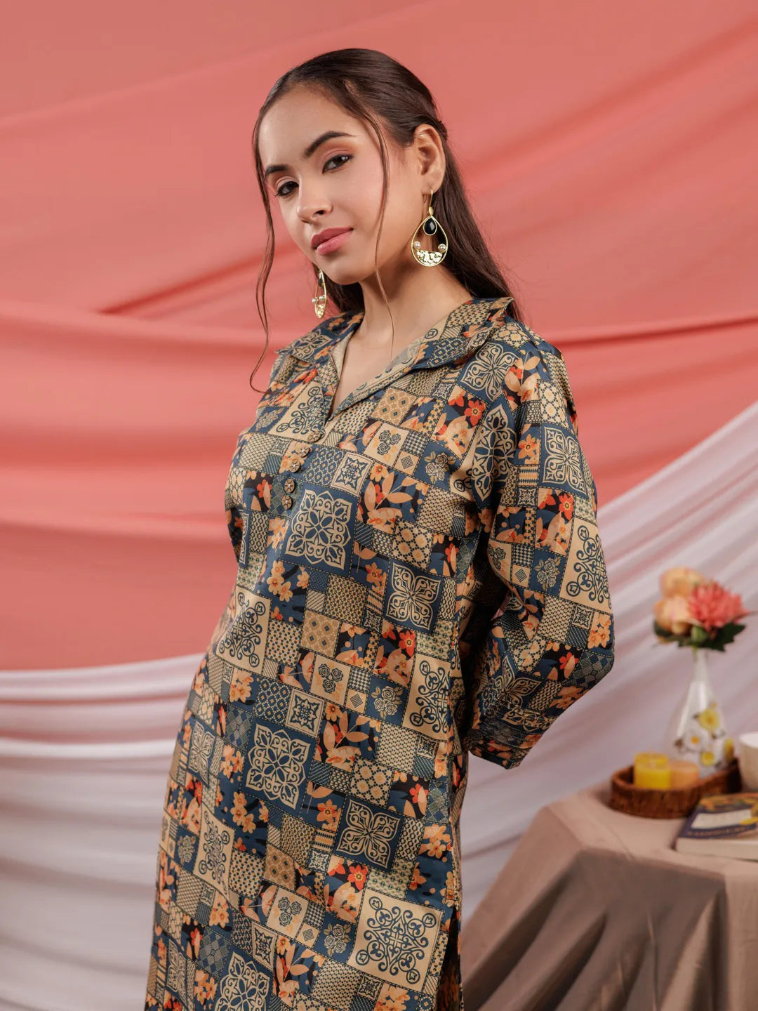 Yufta Cotton Green Digital Printed Workwear Co-Ord Set With Pintuck Detailing On Sleeves
