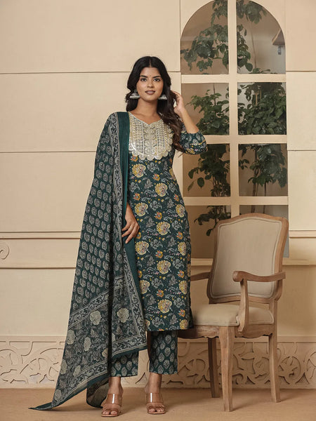 Yufta Cotton Green Embroidered Festive Wear Kurta Dupatta Set