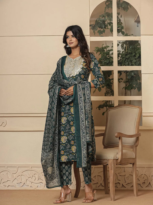 Yufta Cotton Green Embroidered Festive Wear Kurta Dupatta Set