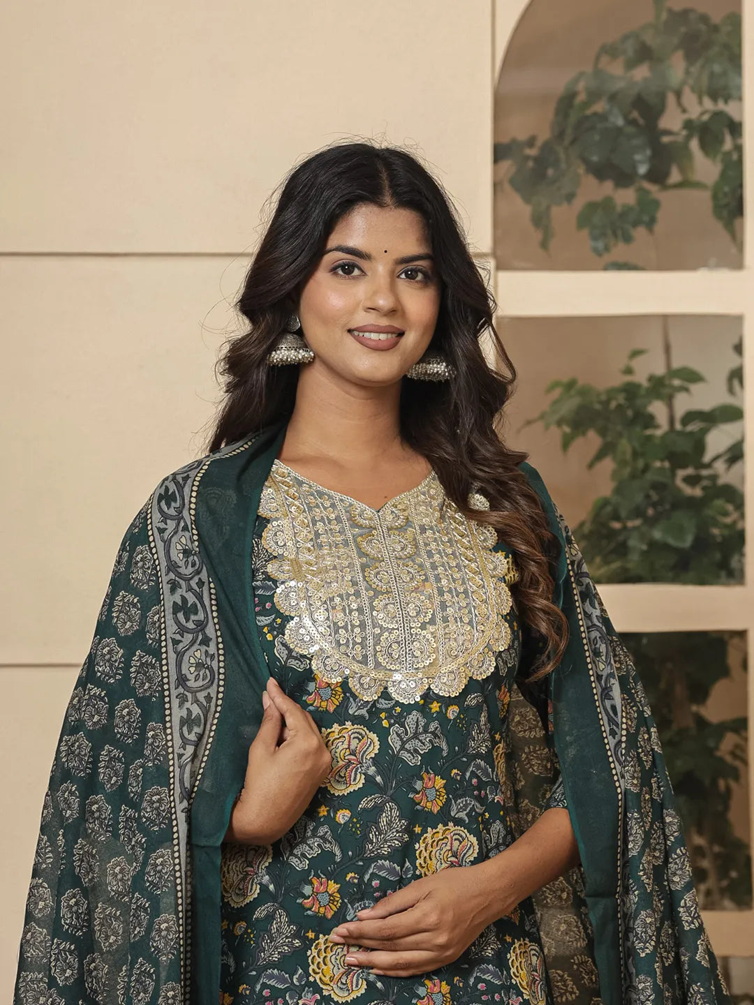 Yufta Cotton Green Embroidered Festive Wear Kurta Dupatta Set