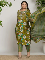 Thumbnail for Yufta Cotton Green Embroidered Plus Size Kurta Dupatta Set - Distacart