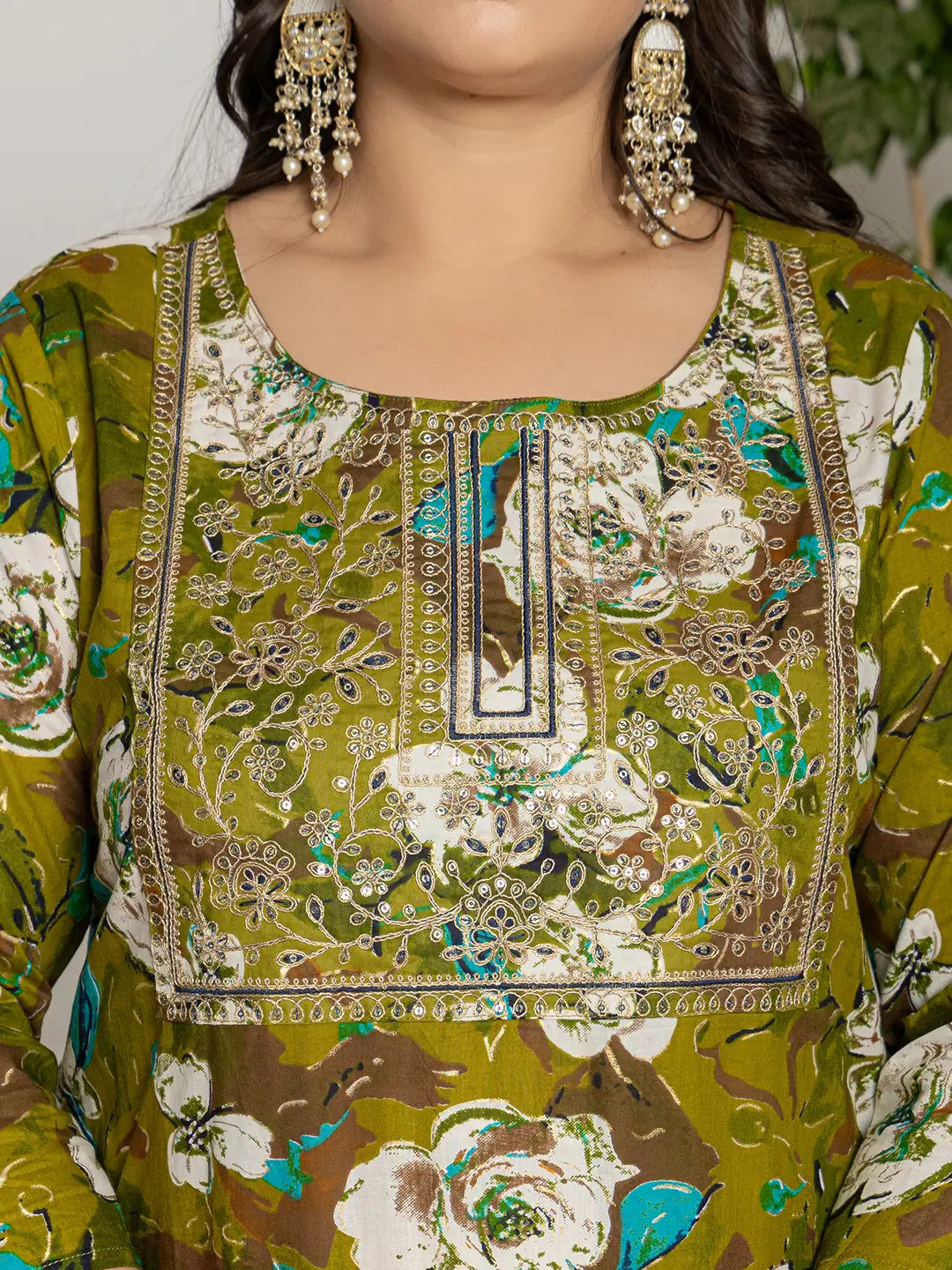 Yufta Cotton Green Embroidered Plus Size Kurta Dupatta Set - Distacart