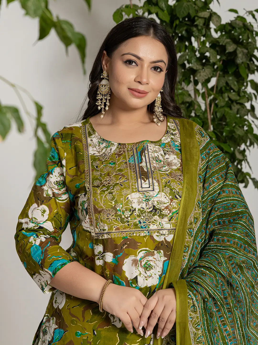 Yufta Cotton Green Embroidered Plus Size Kurta Dupatta Set - Distacart