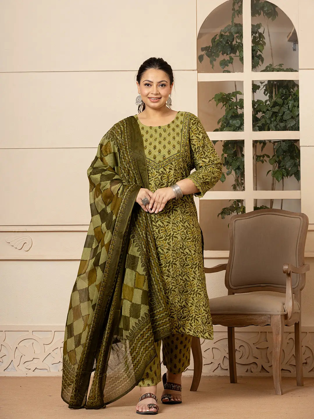 Yufta Cotton Green Kantha_Work Plus Size Kurta Dupatta Pant Set - Distacart