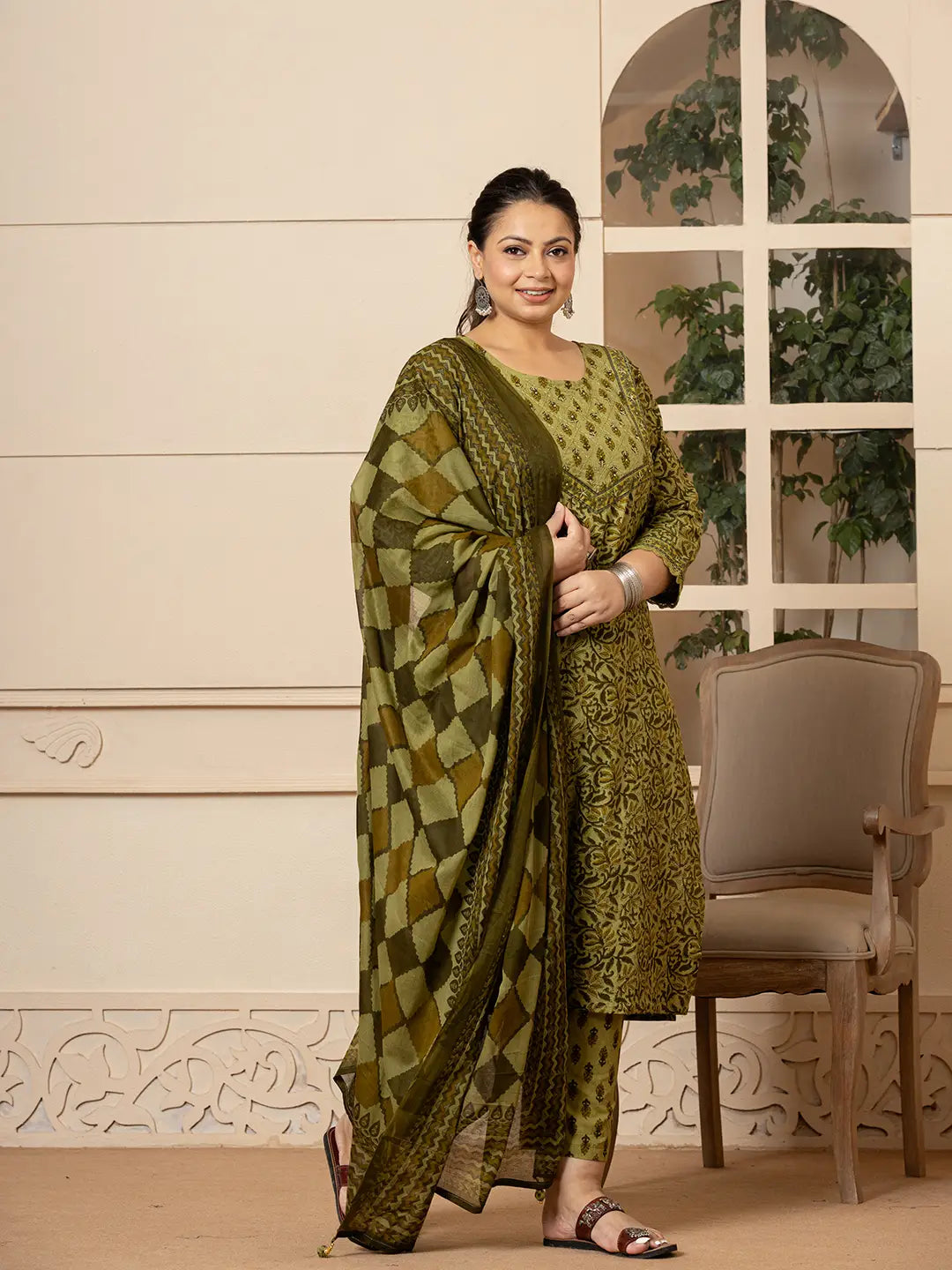 Yufta Cotton Green Kantha_Work Plus Size Kurta Dupatta Pant Set - Distacart