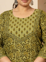 Thumbnail for Yufta Cotton Green Kantha_Work Plus Size Kurta Dupatta Pant Set - Distacart