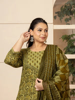 Thumbnail for Yufta Cotton Green Kantha_Work Plus Size Kurta Dupatta Pant Set - Distacart