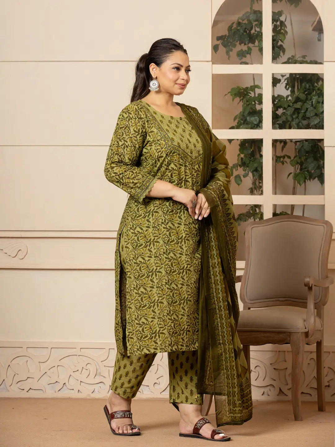 Yufta Cotton Green Kantha_Work Plus Size Kurta Dupatta Pant Set - Distacart