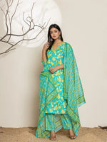 Thumbnail for Yufta Cotton Green Kurta Dupatta Pant Set - Distacart