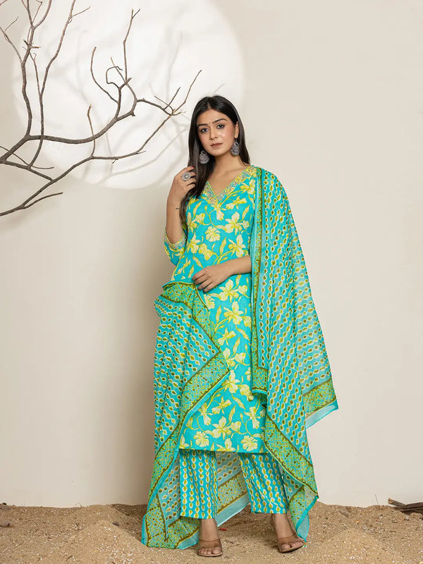 Yufta Cotton Green Kurta Dupatta Pant Set - Distacart
