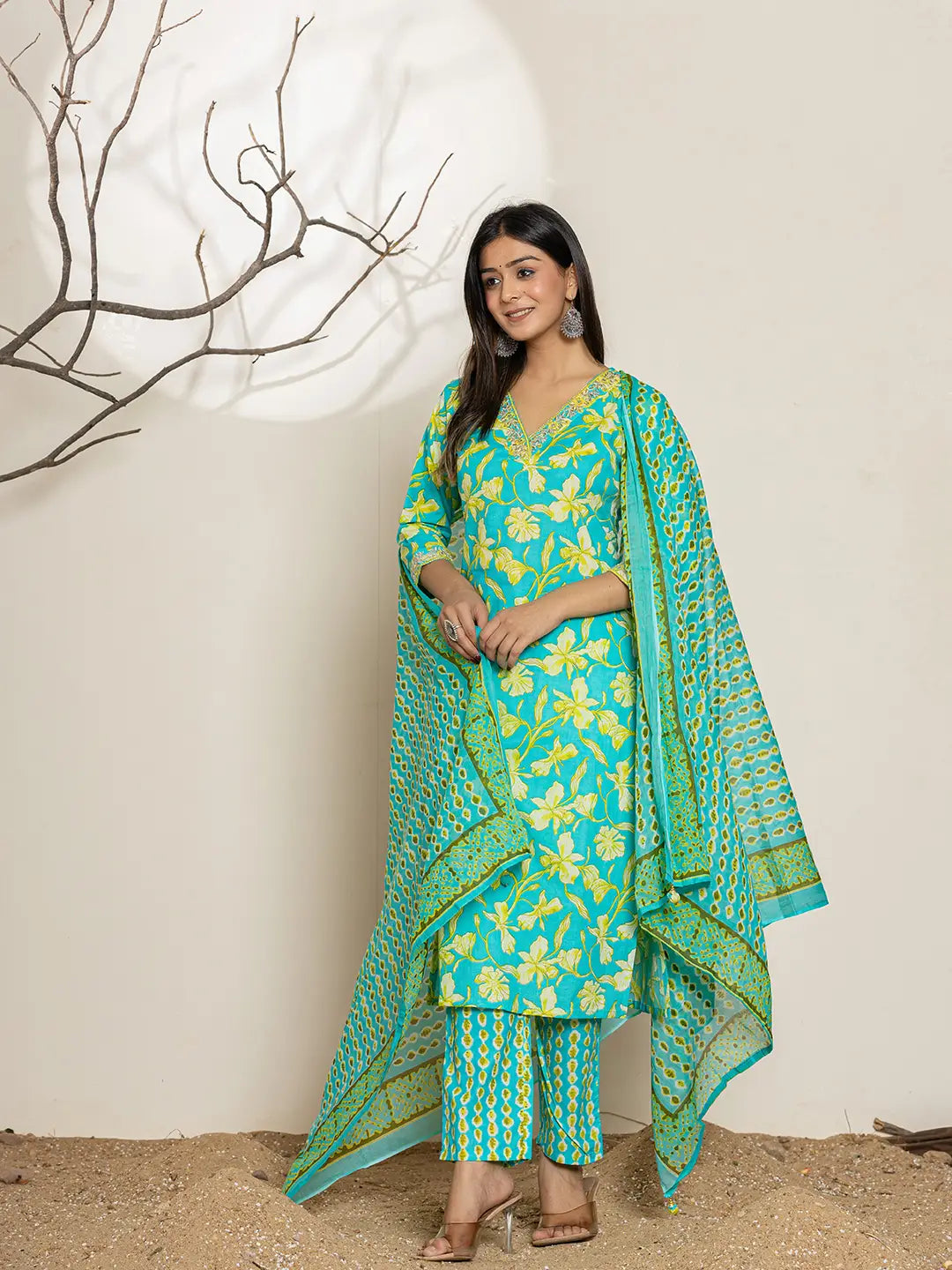 Yufta Cotton Green Kurta Dupatta Pant Set - Distacart