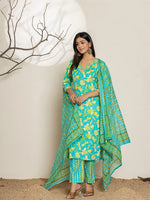 Thumbnail for Yufta Cotton Green Kurta Dupatta Pant Set - Distacart