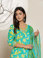 Thumbnail for Yufta Cotton Green Kurta Dupatta Pant Set - Distacart
