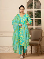 Thumbnail for Yufta Cotton Green Plus Size Kurta Dupatta Pant Set