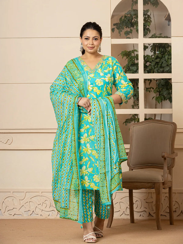 Yufta Cotton Green Plus Size Kurta Dupatta Pant Set