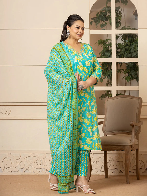 Yufta Cotton Green Plus Size Kurta Dupatta Pant Set