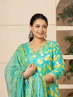 Thumbnail for Yufta Cotton Green Plus Size Kurta Dupatta Pant Set