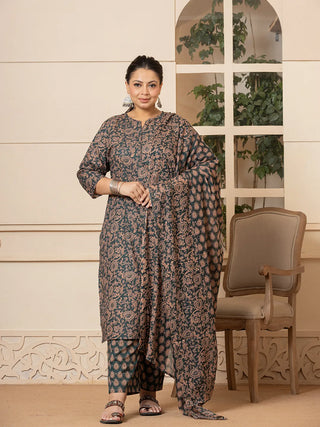 Yufta Cotton Green Plus Size Kurta Dupatta Set - Distacart