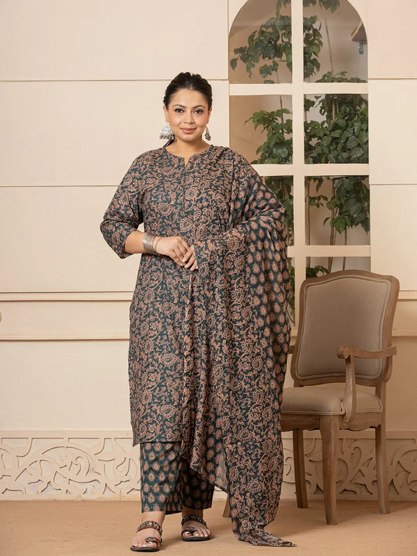 Yufta Cotton Green Plus Size Kurta Dupatta Set - Distacart