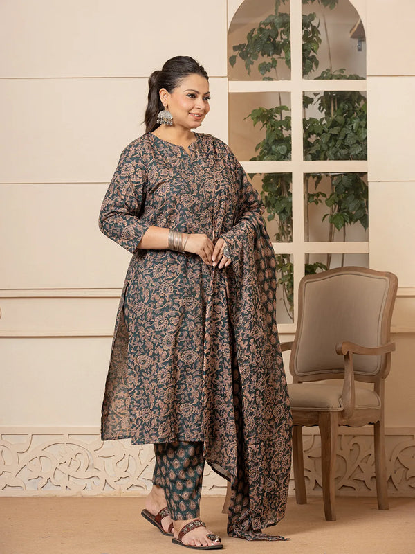 Yufta Cotton Green Plus Size Kurta Dupatta Set - Distacart