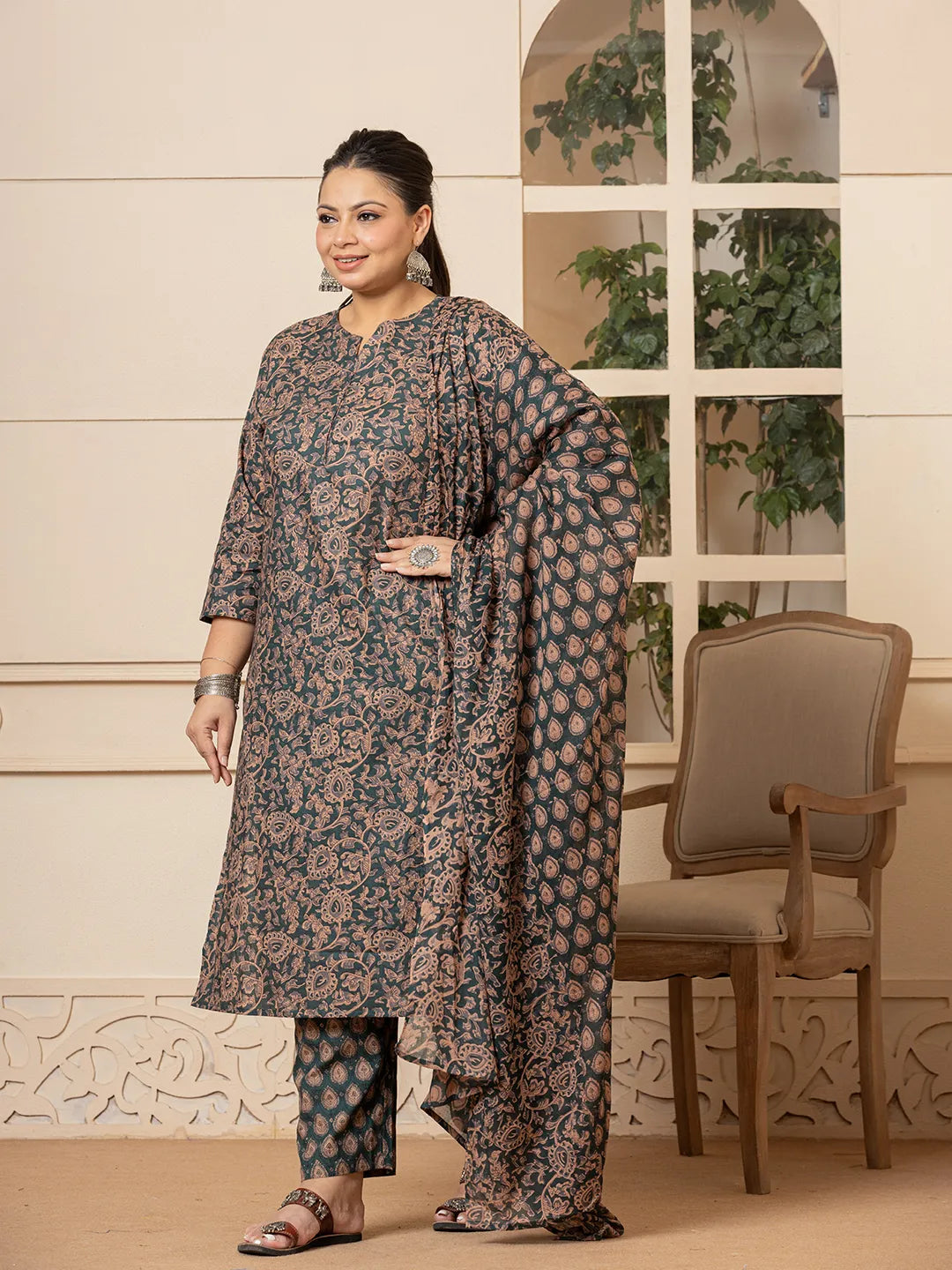 Yufta Cotton Green Plus Size Kurta Dupatta Set - Distacart