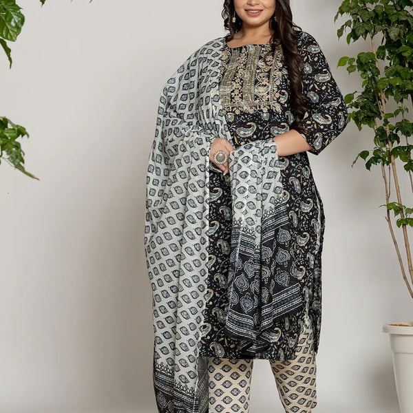 Yufta Cotton Black Printed Plus Size Kurta Dupatta Set - Distacart