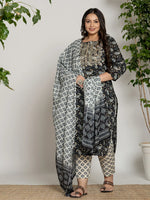 Thumbnail for Yufta Cotton Black Printed Plus Size Kurta Dupatta Set