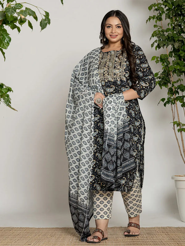 Yufta Cotton Black Printed Plus Size Kurta Dupatta Set