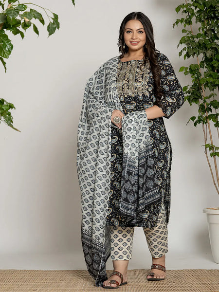 Yufta Cotton Black Printed Plus Size Kurta Dupatta Set