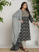 Thumbnail for Yufta Cotton Black Printed Plus Size Kurta Dupatta Set