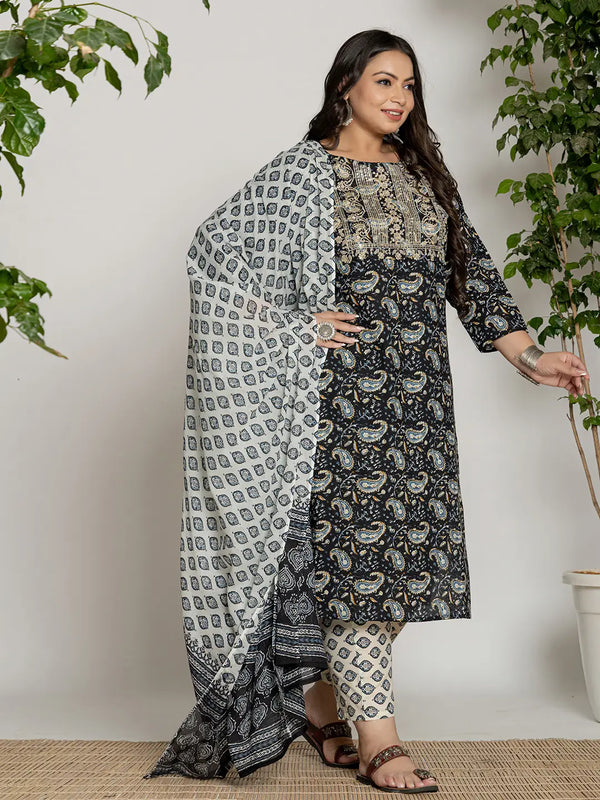 Yufta Cotton Black Printed Plus Size Kurta Dupatta Set
