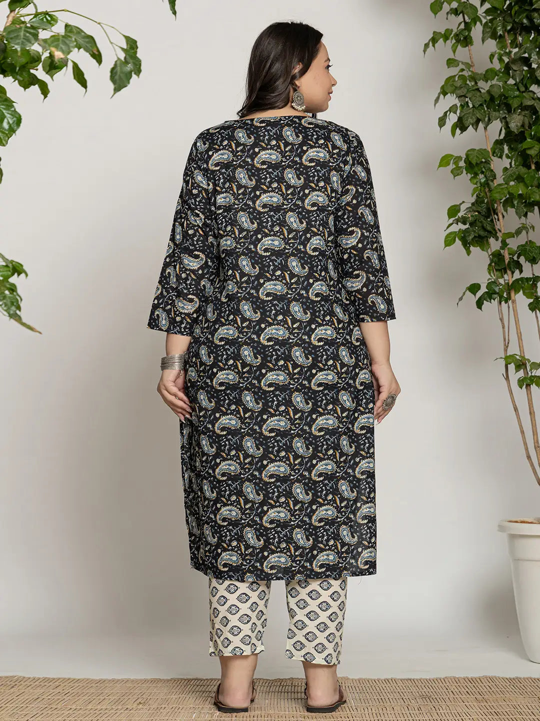 Yufta Cotton Black Printed Plus Size Kurta Dupatta Set